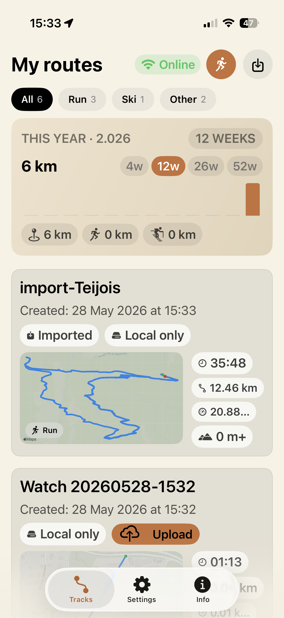 My routes list in the freedomTrack iOS app