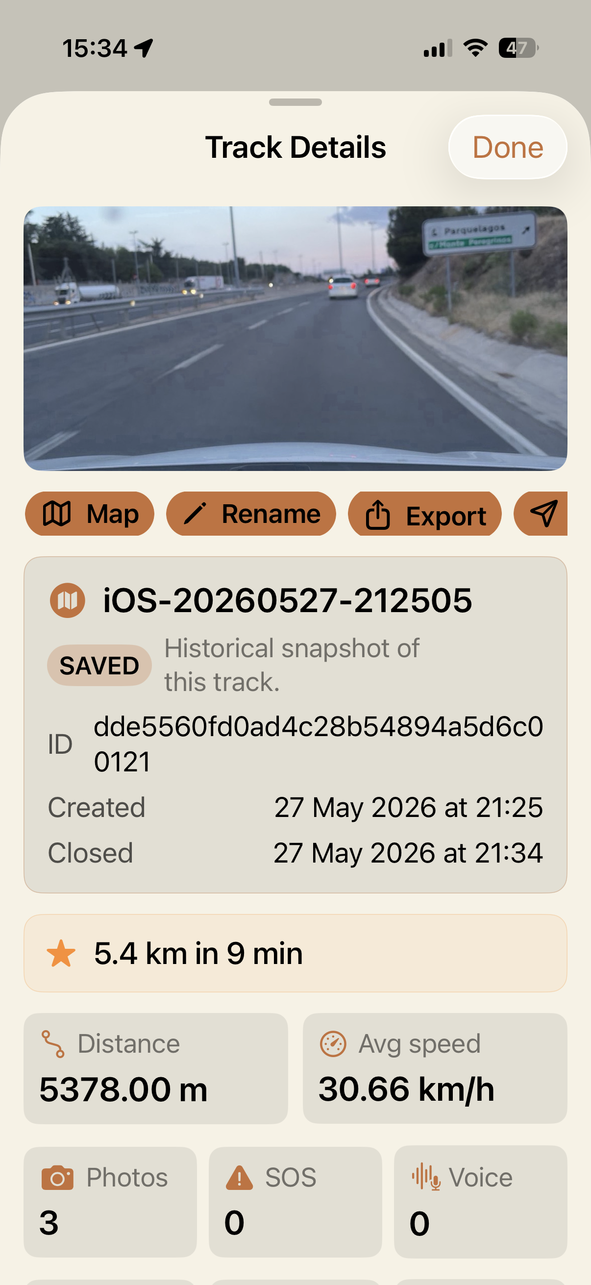 Track detail with distance and speed metrics in the iOS app