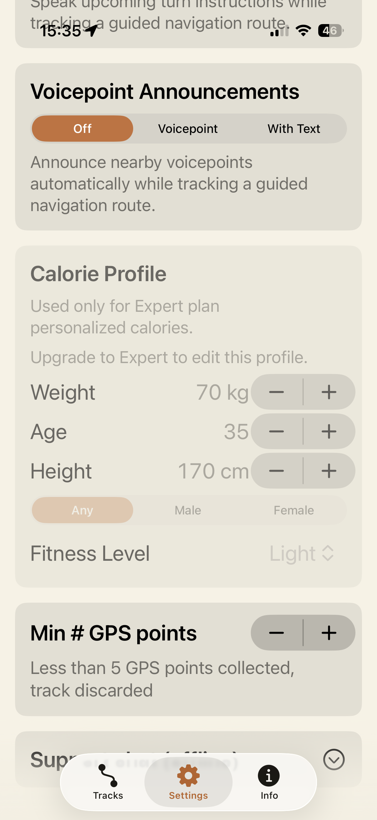 Settings screen showing voicepoint and GPS options in the iOS app
