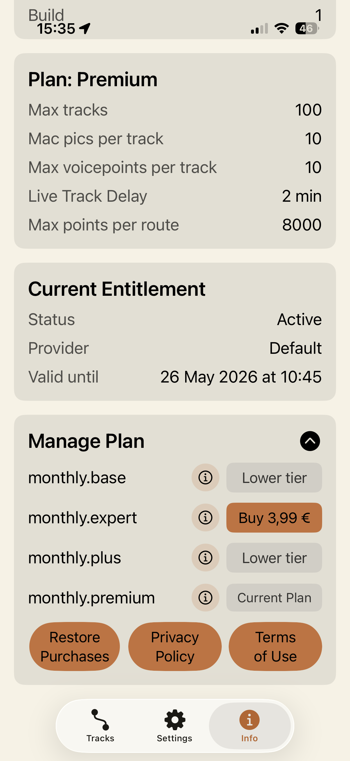 Plan and subscription management screen in the iOS app