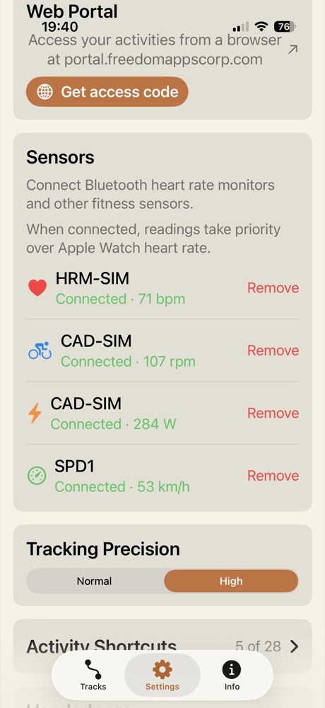 freedomTrack Settings screen showing connected Bluetooth sensors: heart rate monitor, cadence, power meter and speed sensor