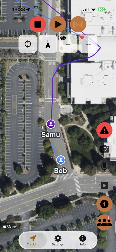 Live map showing group members Samu and Bob with their positions during a tracked ride