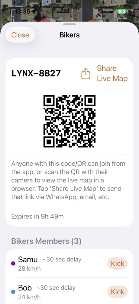 Group screen with join code, QR code, Share Live Map button, and member list