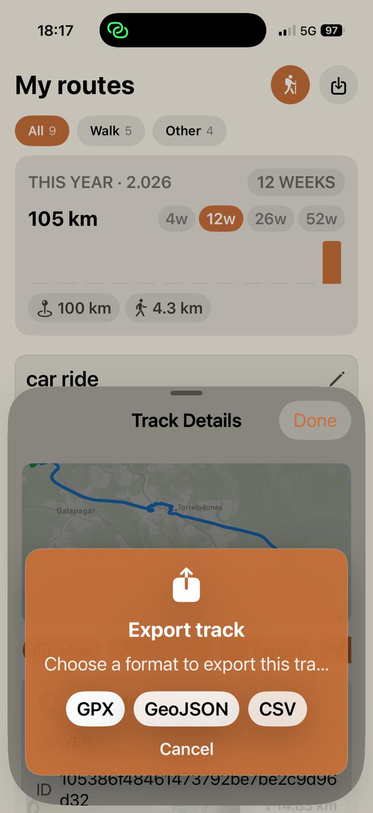 Export track screen in the iOS app