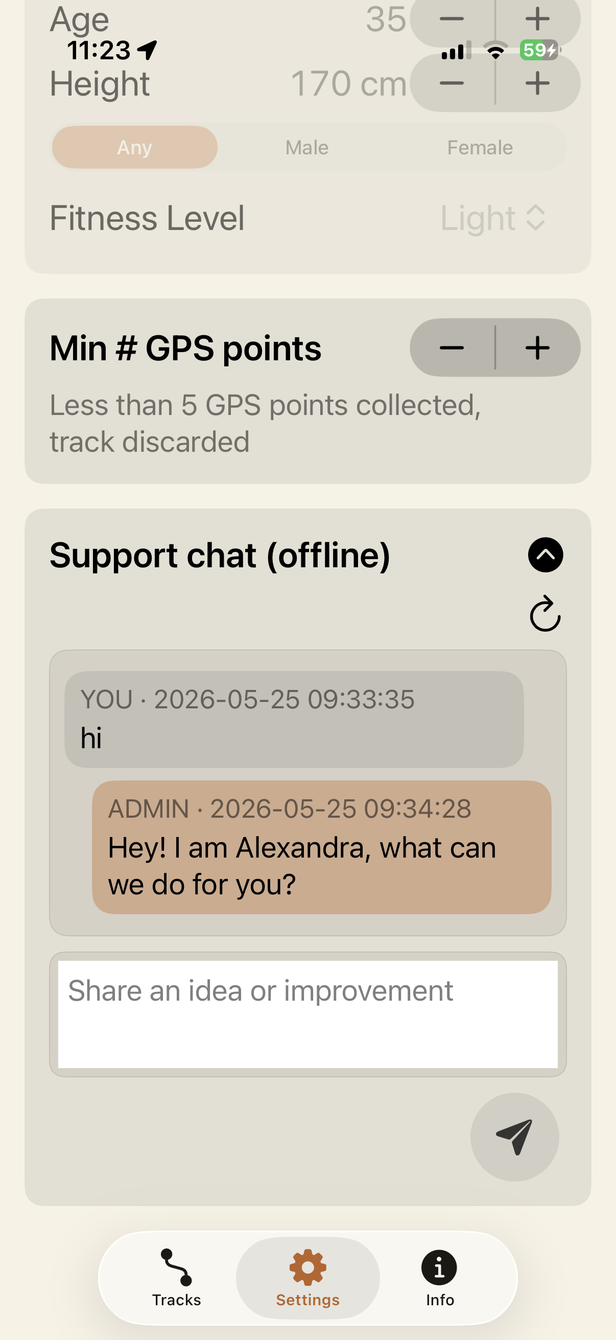 freedomTrack settings screen showing the in-app support chat.