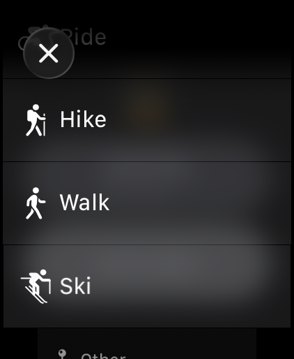 Activity type selector on Apple Watch
