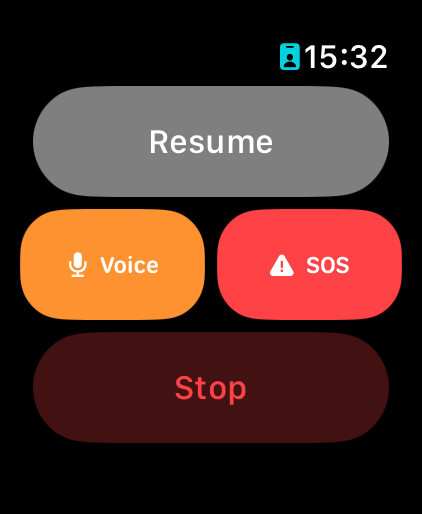 Paused tracking with Resume, Voice, SOS and Stop controls on Apple Watch