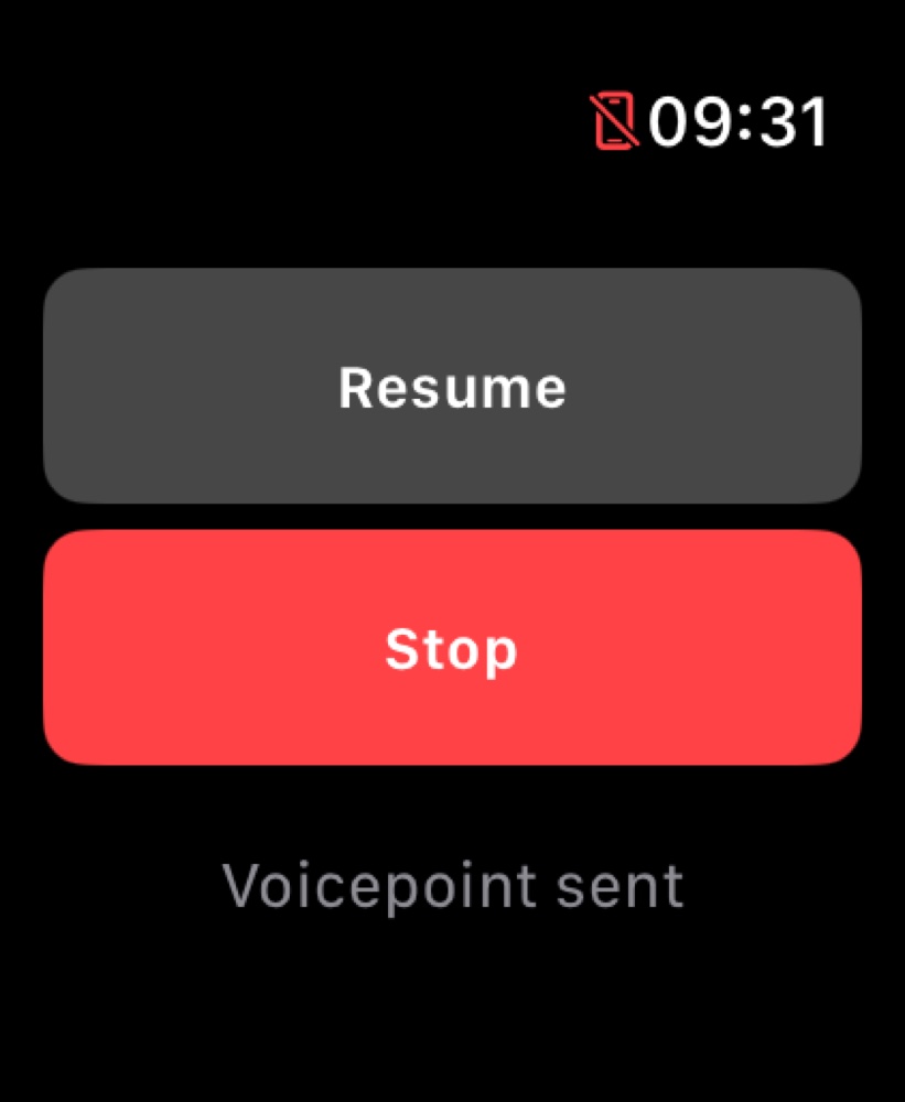 Paused tracking with Resume and Stop controls on Apple Watch