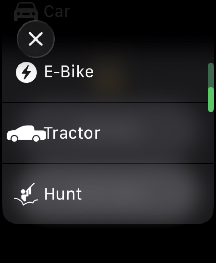 Activity type selector on Apple Watch