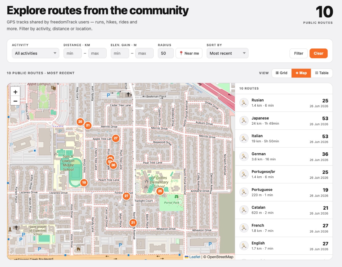 Public routes map view in the freedomTrack web portal — route pins on an interactive map