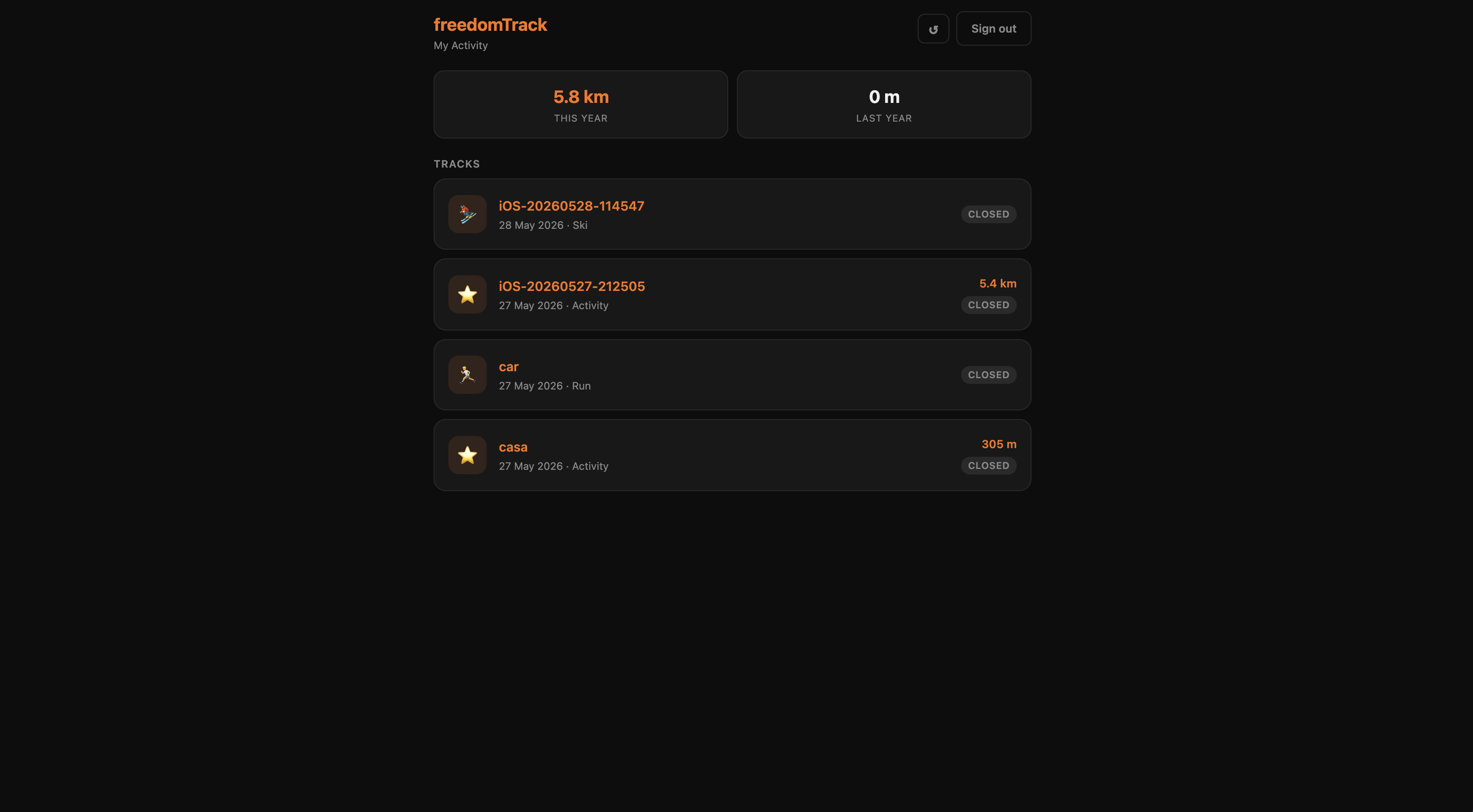 Track list with yearly stats in the freedomTrack web portal